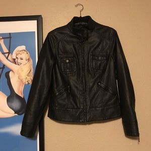 Faux Black Leather Moto Jacket Zip Closure